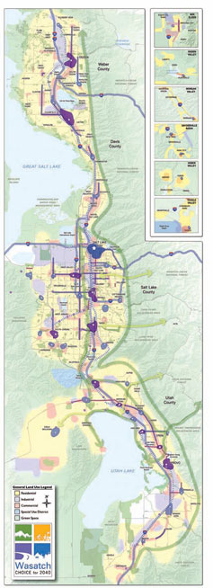 The Wasatch Choice for 2040 Vision Map displays the land uses called for in the plan, but also the different regional growth features: growth centers (blue and purple areas), mixed-use corridors (blue and purple lines), and regional greenways and connections to population centers (dark and light green arrows, respectively).