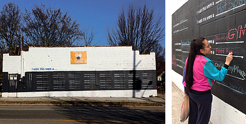 An abandoned store in Lansing, Michigan with its front painted as a chalkboard on which community members may write their ideas for giving the building a new use. An adjacent picture shows a woman writing “Food Bank” as a suggested reuse.