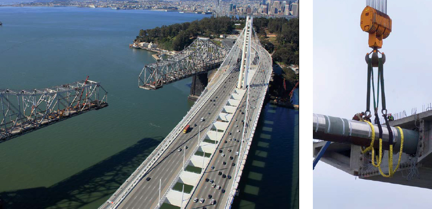 A close-up view of a hinge pipe beam used in repairing a span of the San Francisco-Oakland Bay Bridge, which is shown with a missing section.