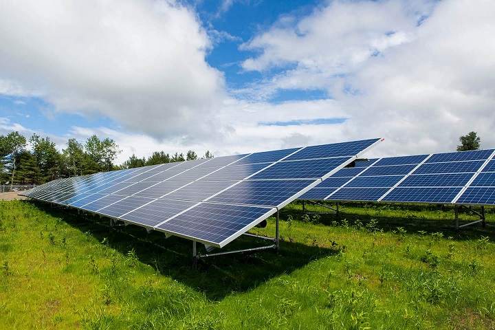 Photograph taken at ground level showing two sets of solar panels in a field of low weeds and grass. In the background beyond a chain link fence is a stand of trees.