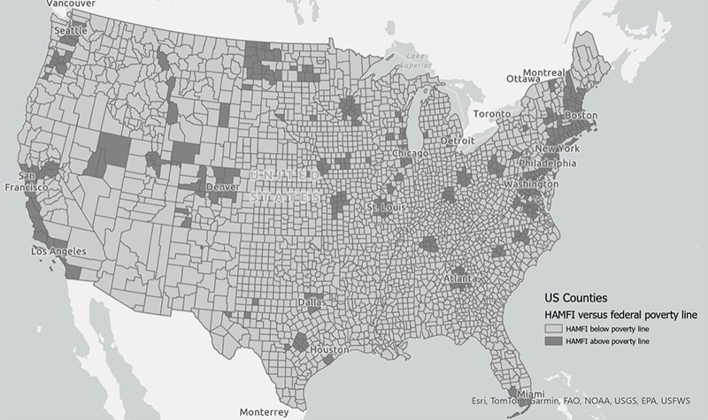 Figure 1: A map depicting 30 percent of HAMFI (ELI) compared with federal poverty level for counties in the continental United States.