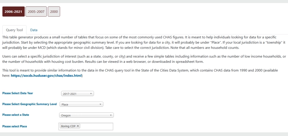 Figure 2: A screenshot of the CHAS Query Tool showing four different fields for the user to select—Data Year, Geographic Summary Level, State, and Place.