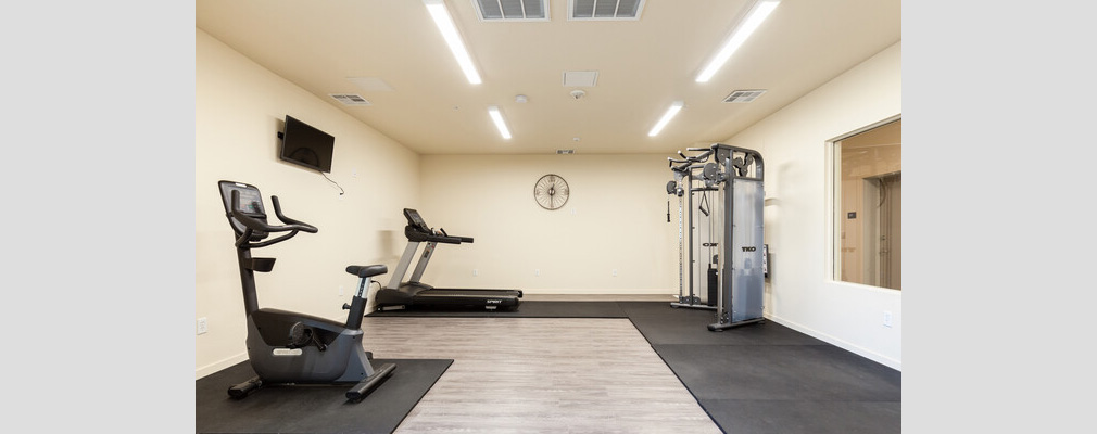 An exercise room featuring a treadmill, stationary bicycle, and weight machine.