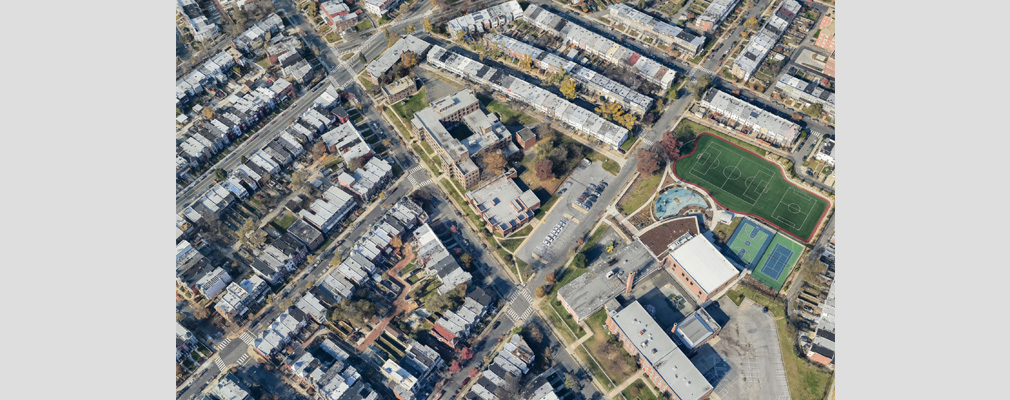 Aerial photograph of The Appleton in the context of the Petworth neighborhood of Washington, D.C.