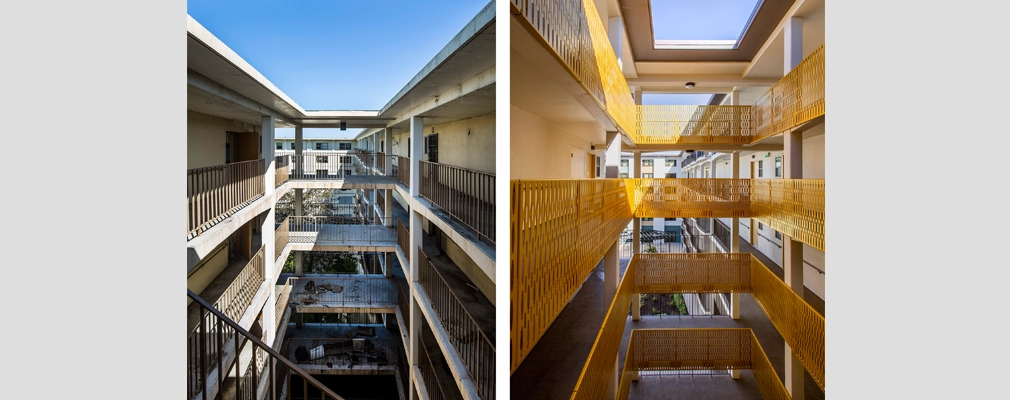 A photograph of an unrenovated apartment building with exterior walkways on the left side and a photograph of the same apartment building after seismic renovations on the right, depicting updated railings.