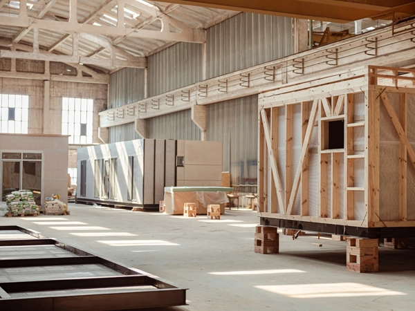 Houses under construction in a warehouse.