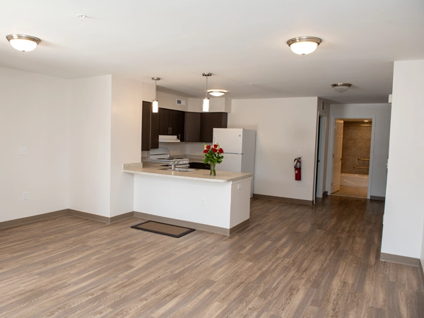 An empty room with vinyl plank wood grain flooring in the foreground and a kitchen in the background.