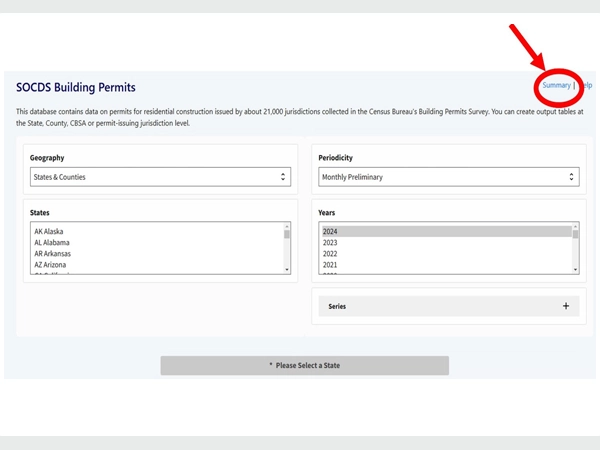 A screenshot of the SOCDS Building Permits tool. A red circle and arrow points to the “Summary” link in the top right page for emphasis.