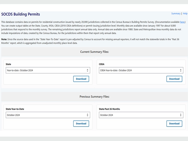 A screenshot of the SOCDS Building Permits tool, with buttons to download current summary files for “State” and “CBSA,” and previous summary files for “State Year-to-Date” and “State Past 36 Months.”