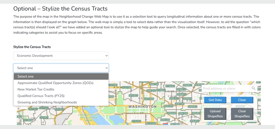 Figure 1. Selecting an Overlay. Screenshot showing the Neighborhood Change Web Map tool.