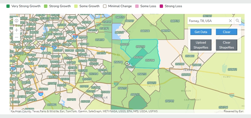 Figure 4. Neighborhood Growth and Decline Since 2020, Forney, Texas. A map showing three census tracts around Forney, Texas.