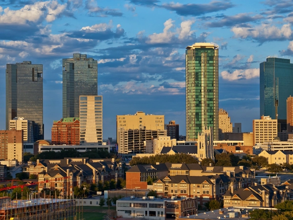 Cityscape of Fort Worth, Texas in early evening light.