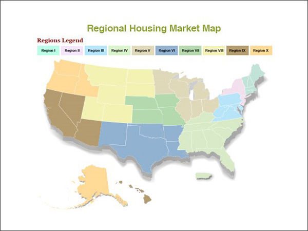 Map illustrating the boundaries of the 10 regions defined by HUD and their included states.