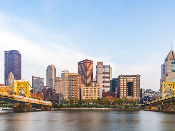 Pittsburgh, Pennsylvania skyline at sunset.