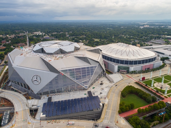 Aerial view of the Mercedes-Benz Stadium and Atlanta Georgia Dome.