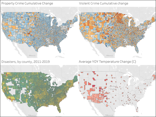 (From the top left going clockwise) Property Crime Cumulative Change; Violent Crime Cumulative Change; Average YOY Temperature Change (C); Disasters, by county, 2011–2019