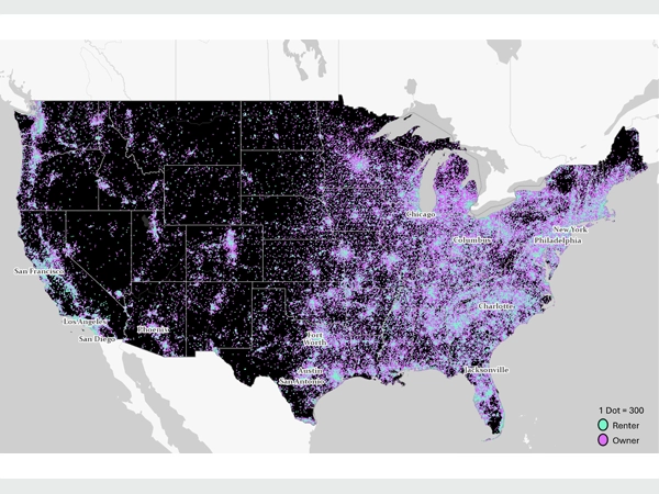 Figure 3. Dot Density Map of Renter- and Owner-Occupied Households.